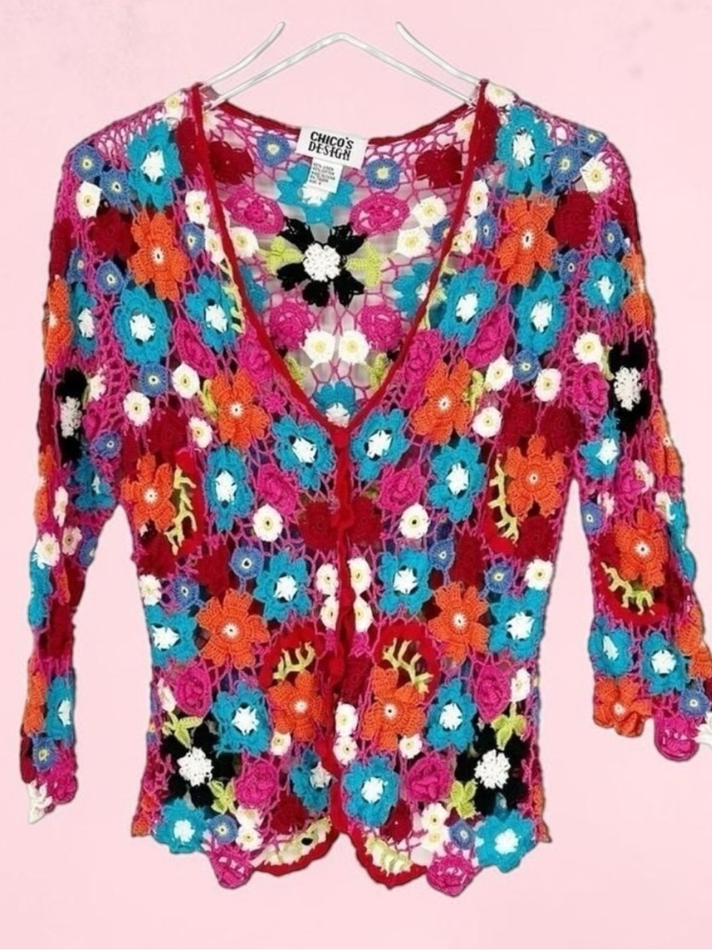 Vintage Chico's Design Floral Crochet Cardigan Womens M Linen Blend Multicolor